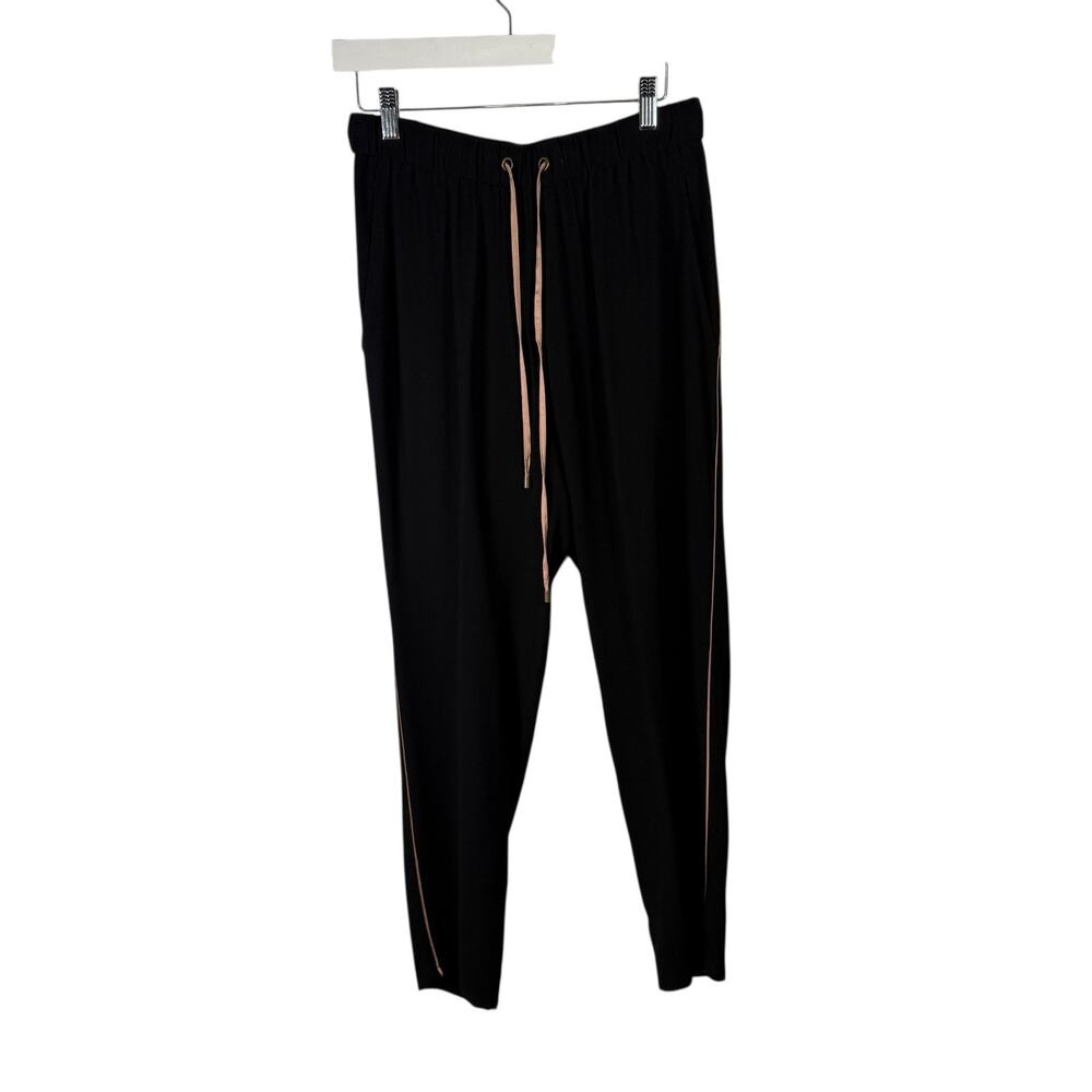 Eileen Fisher 100% Silk Black Pull On Pants Gold Side Piping Career Womens XS